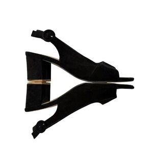 Black Faux Suede Slingback Sandals Block Heel Peep Toe Quiet Luxury EU 39 9